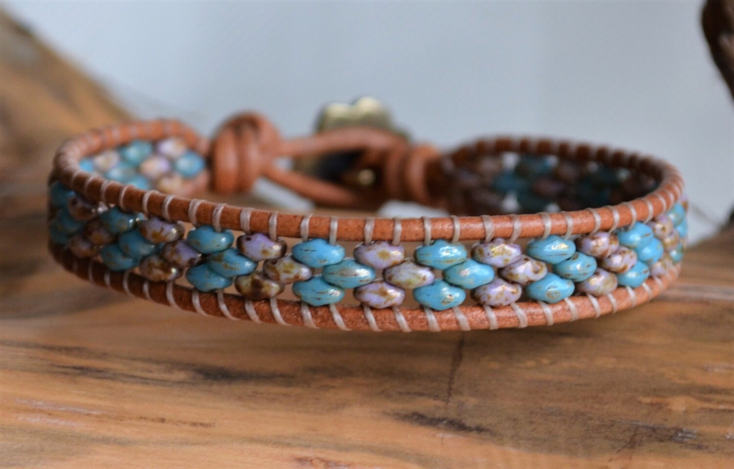Beaded Leather Wrap Bracelet: Violet Turquoise Boho Jewelry