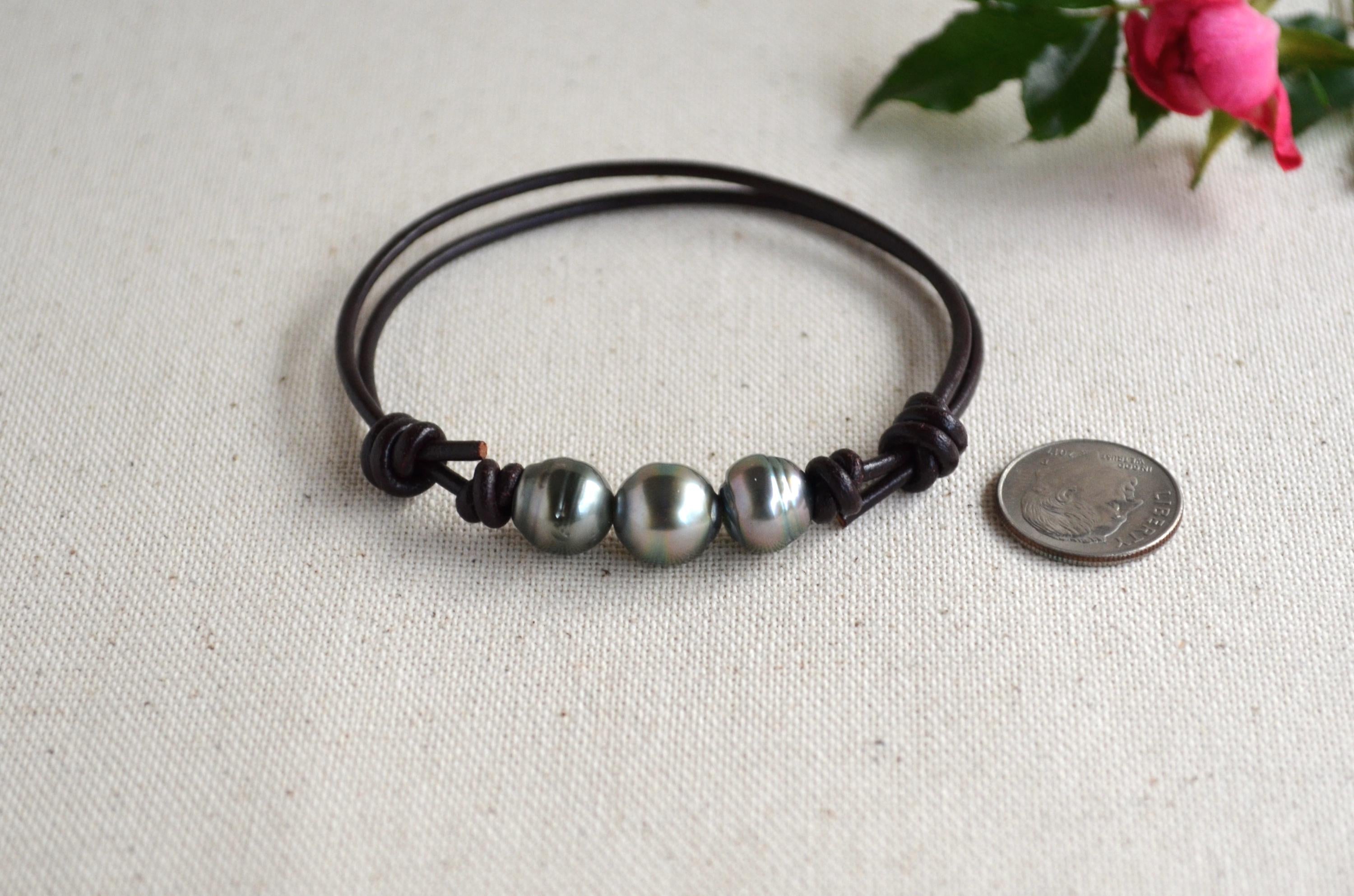Three Tahitian Pearls Bracelet: Adjustable Dark Brown Greek Leather, Elegant Jewelry, Unisex