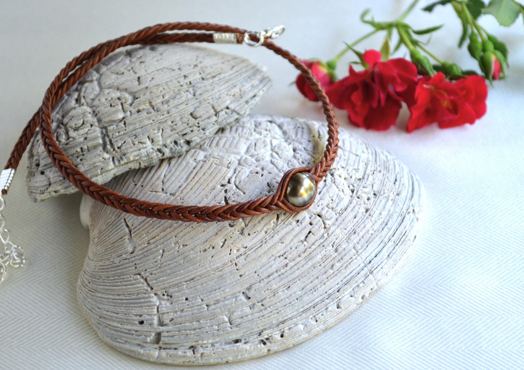 Chocolate Tahitian Pearl Choker: Braided Leather Necklace
