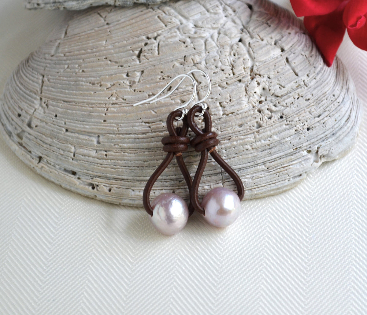 Edison Pink Pearl Earrings: Sterling Silver & Brown or Black Greek Leather Boho Dangle