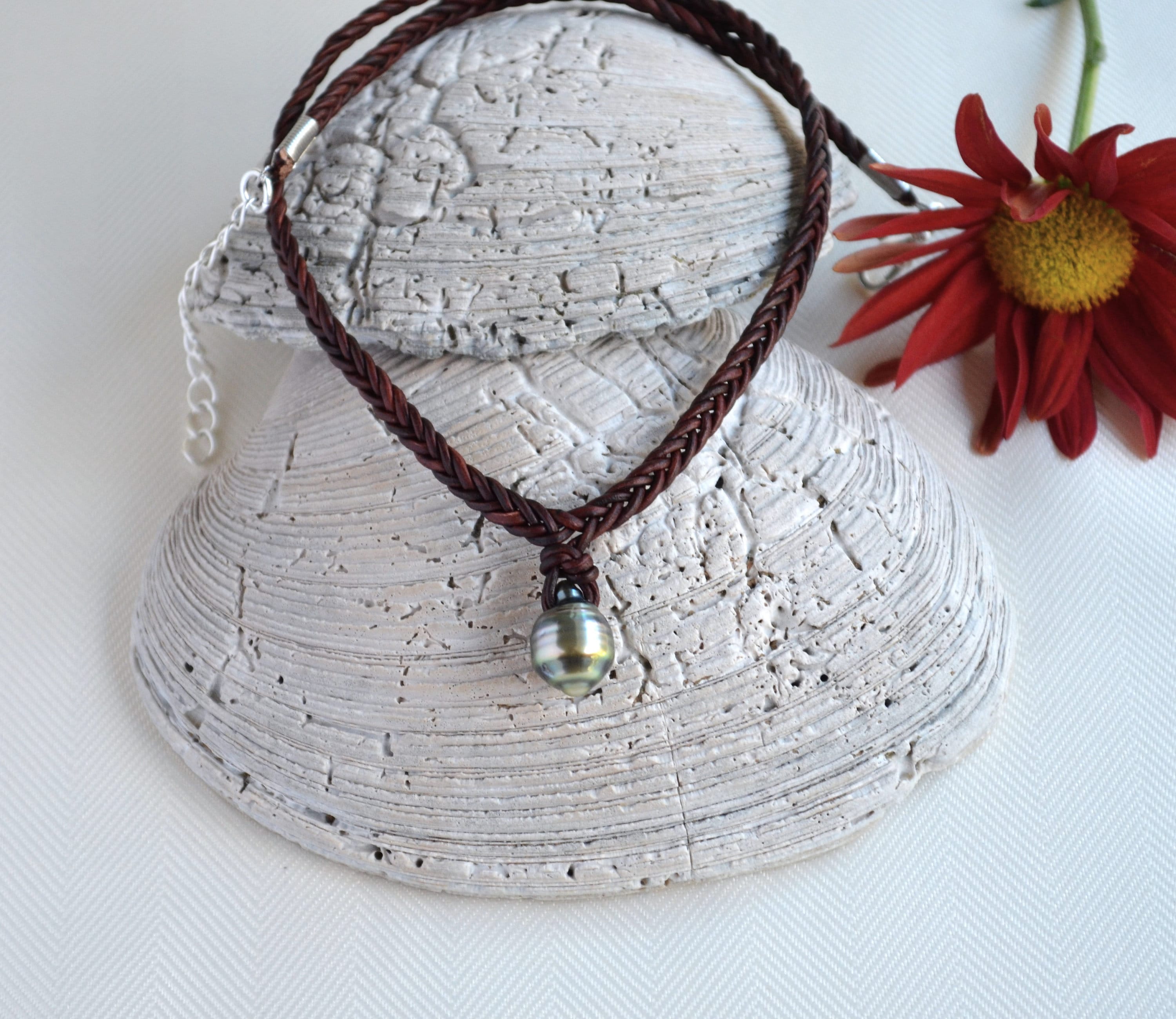 Tahitian Teardrop Pearl Leather Short Necklace for Women, Hand Braided Leather Necklace