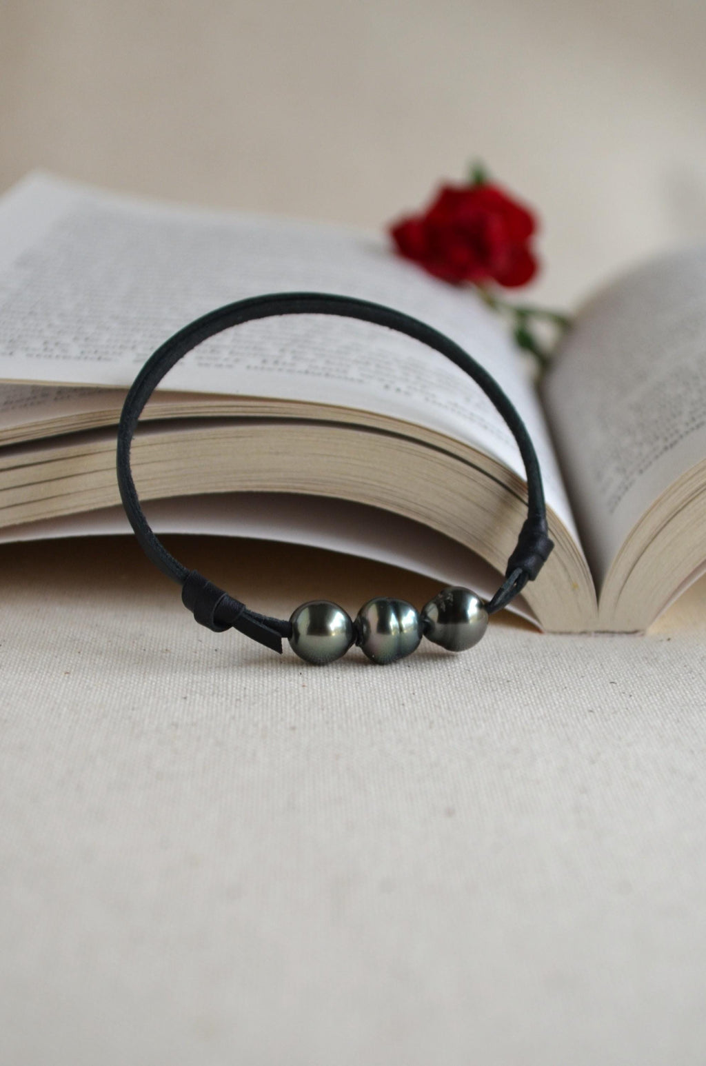 Three Tahitian Pearls Bracelet: Black Australian Leather Adjustable Bracelet