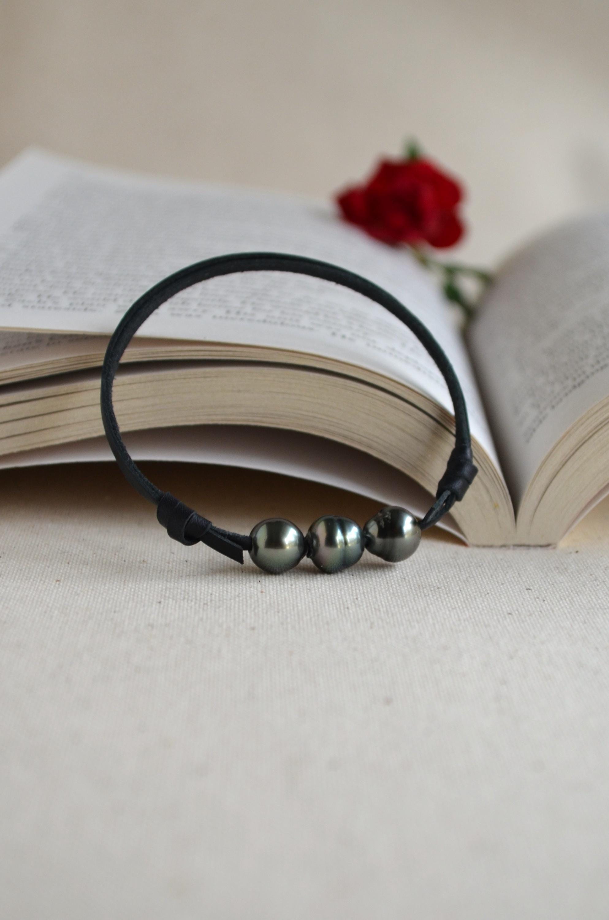 Three Tahitian Pearls Bracelet: Black Australian Leather Adjustable Bracelet