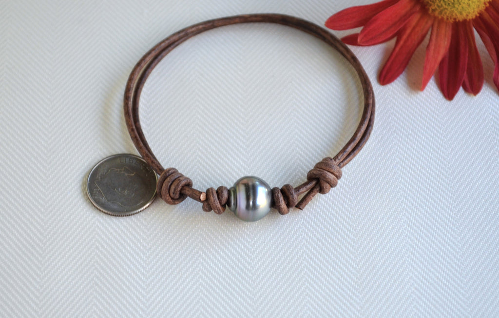 Tahitian Pearl Bracelet: Unisex Brown Leather, Adjustable Length