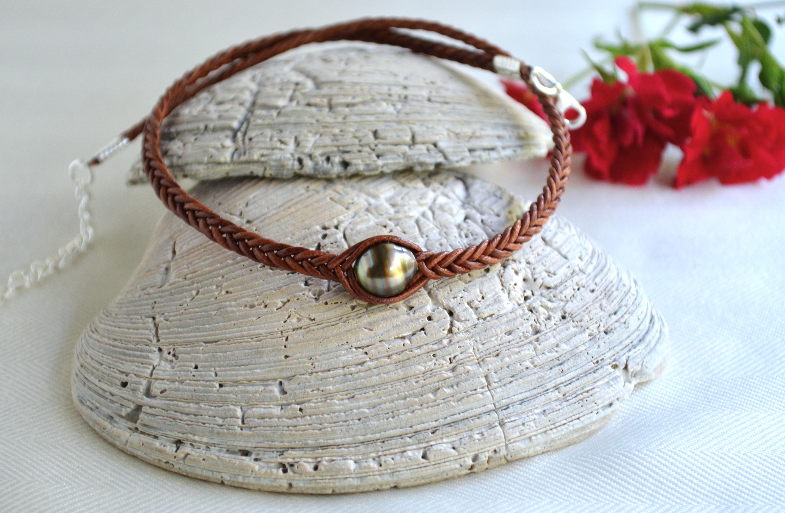Chocolate Tahitian Pearl Choker: Braided Leather Necklace