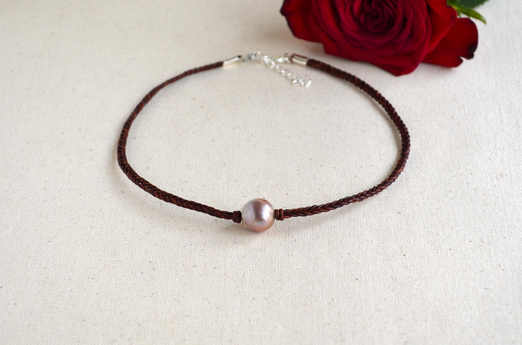 Mauve Pink Edison Pearl on Hand Braided Leather Five Cords Women's Short Necklace