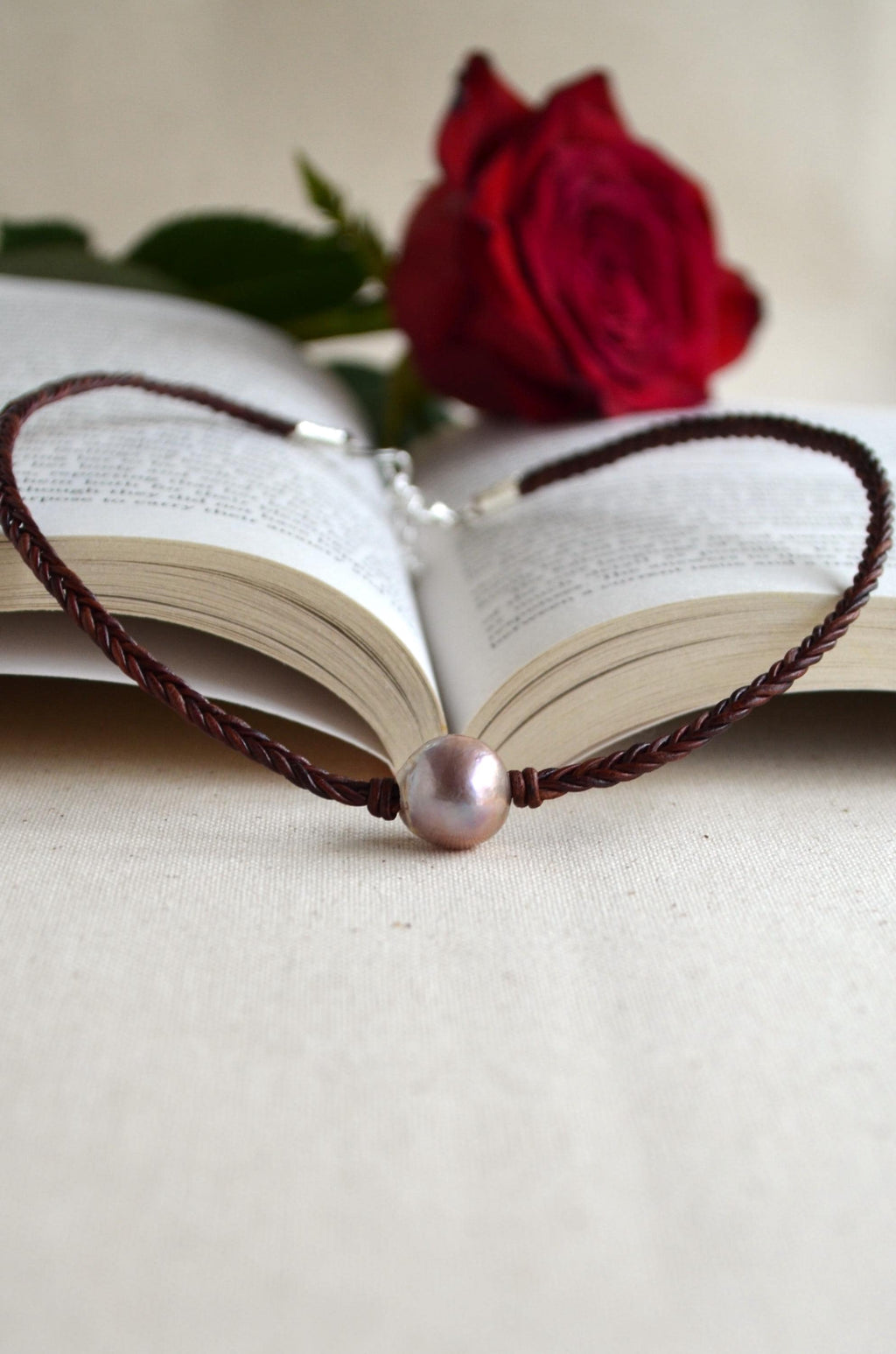 Mauve Pink Edison Pearl on Hand Braided Leather Five Cords Women's Short Necklace