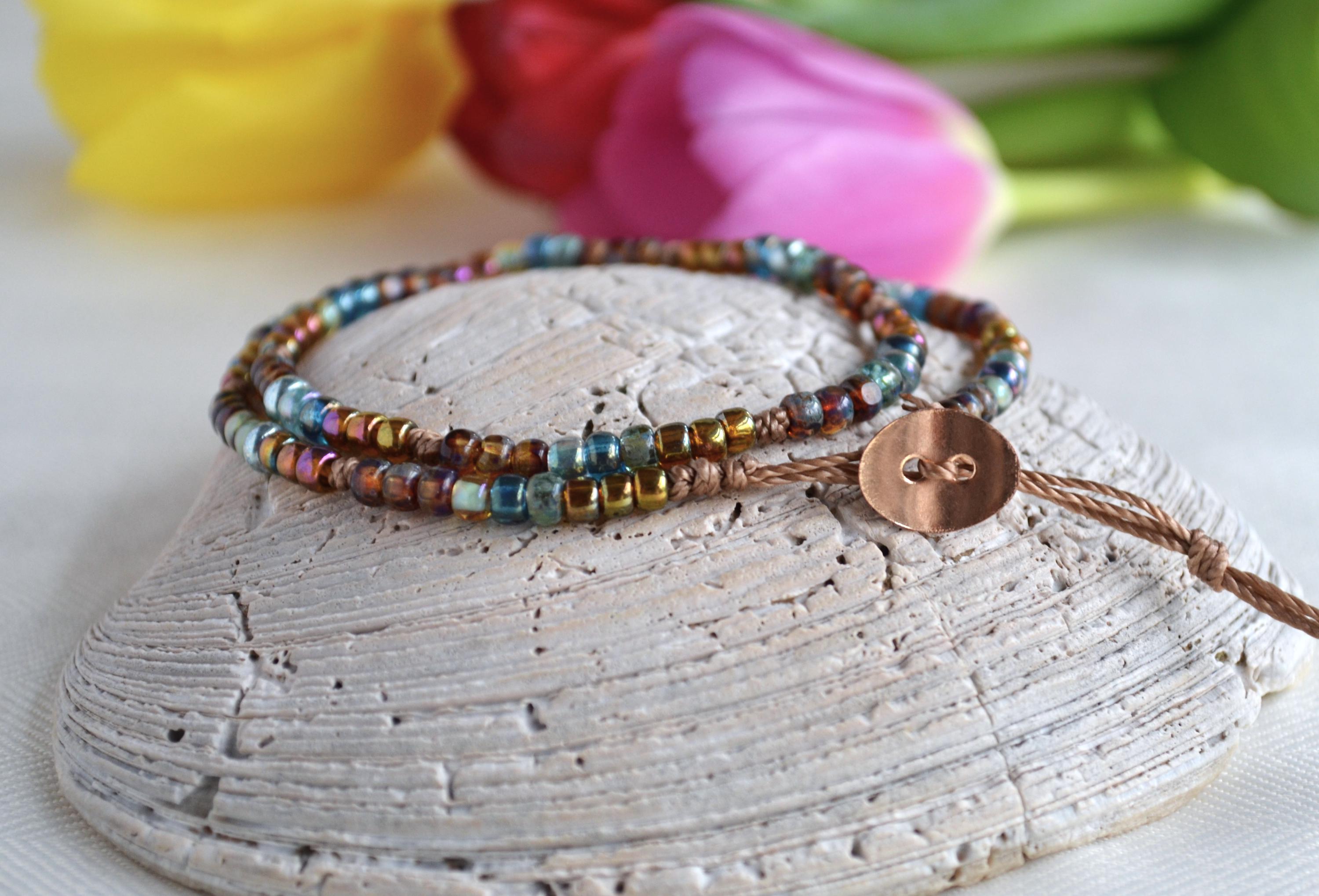 Boho Czech Glass Beaded Choker Necklace, Knotted, Button Closure
