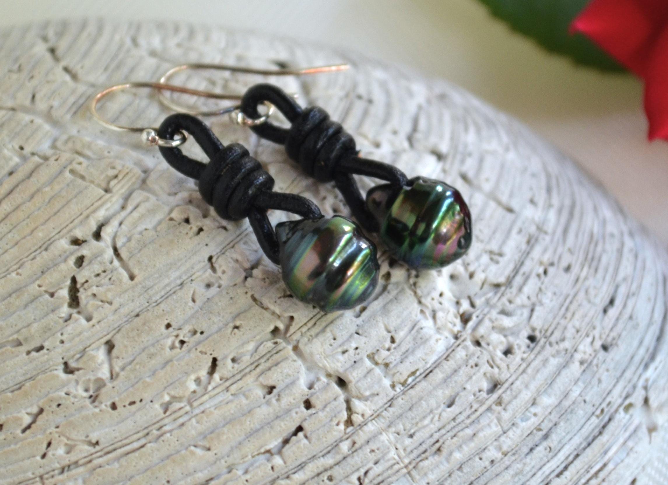 Tahitian Pearl Earrings, Sterling Silver, Black Leather Boho Jewelry
