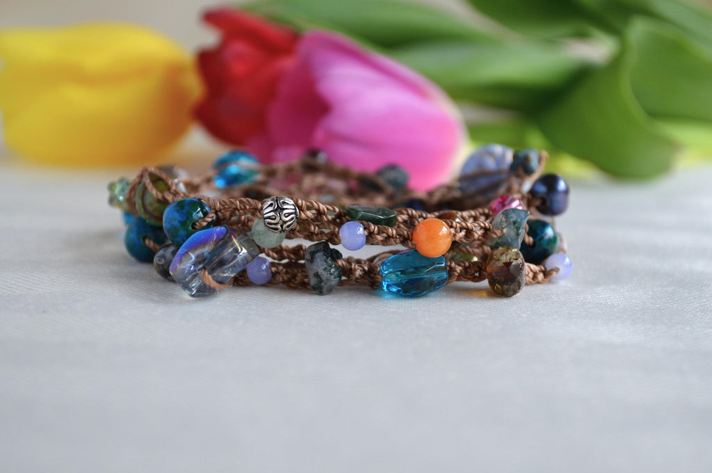 Crocheted Beaded Lariat Necklace - Multicolor Czech Beads, Artisan Boho Jewelry