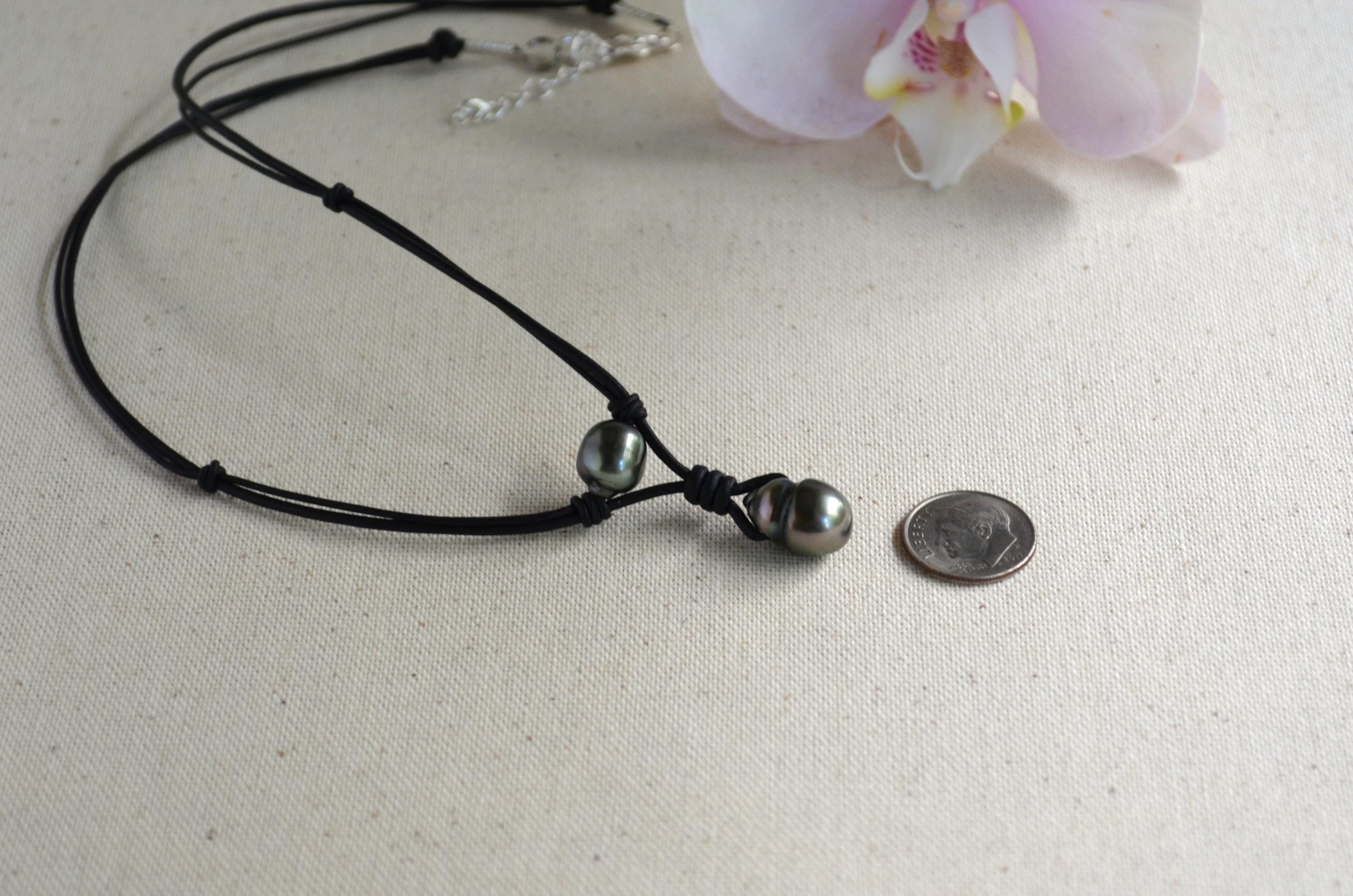 Genuine Tahitian Pearl Leather Necklace: Modern Minimalist Pendant Jewelry