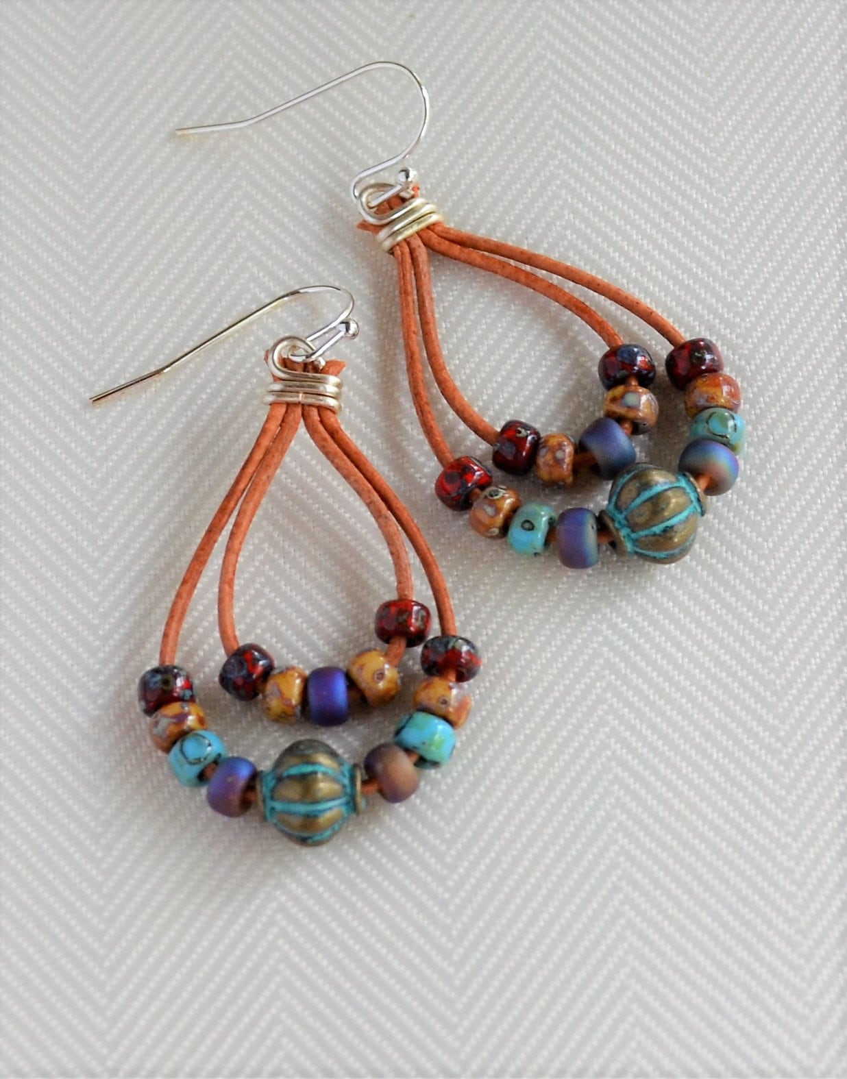 Beaded Leather Earrings, Patina Picasso Beads, Boho Dangle