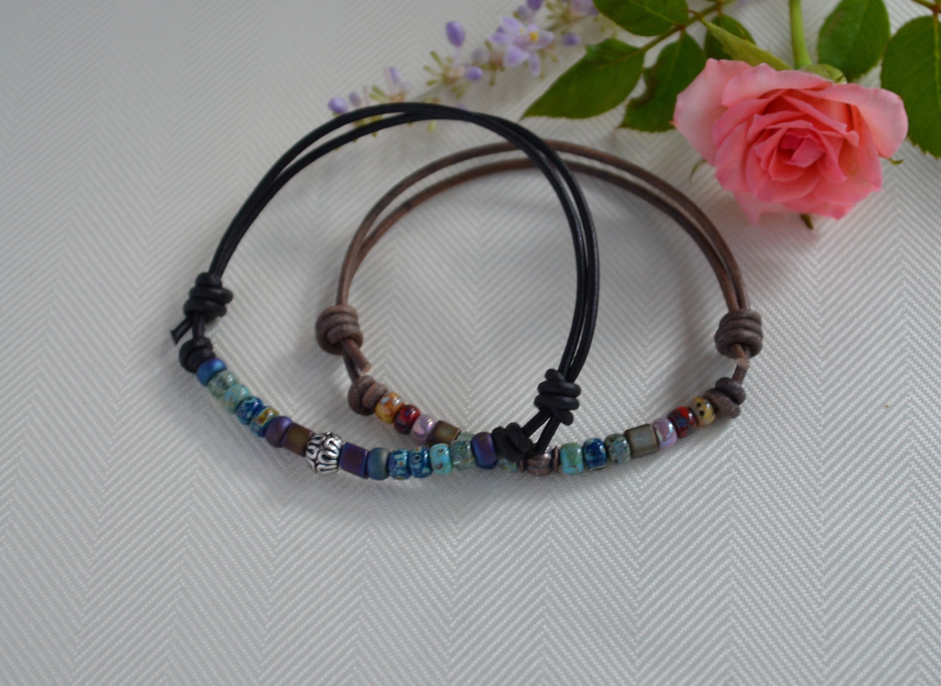 Unisex Picasso Czech Beaded Bracelet, Knotted Leather Bracelet for Him Her