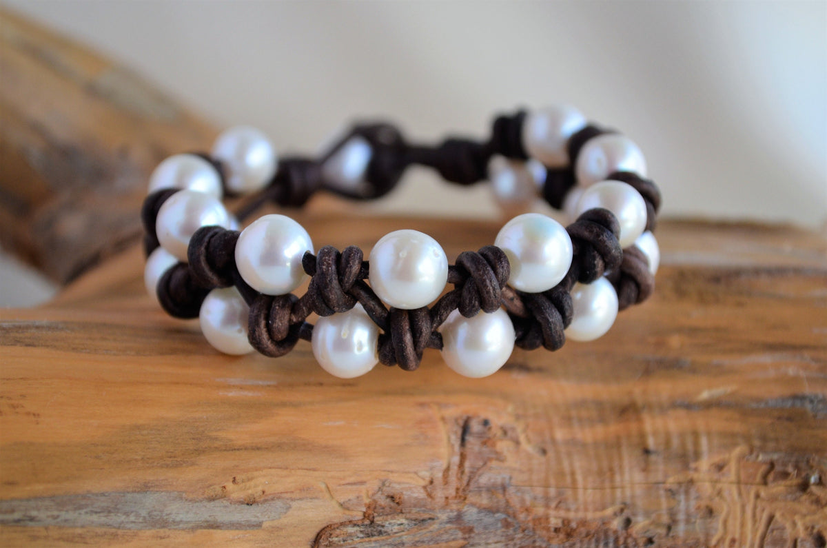 Knotted Pearl Leather Bracelet: Boho Freshwater Pearl Cuff