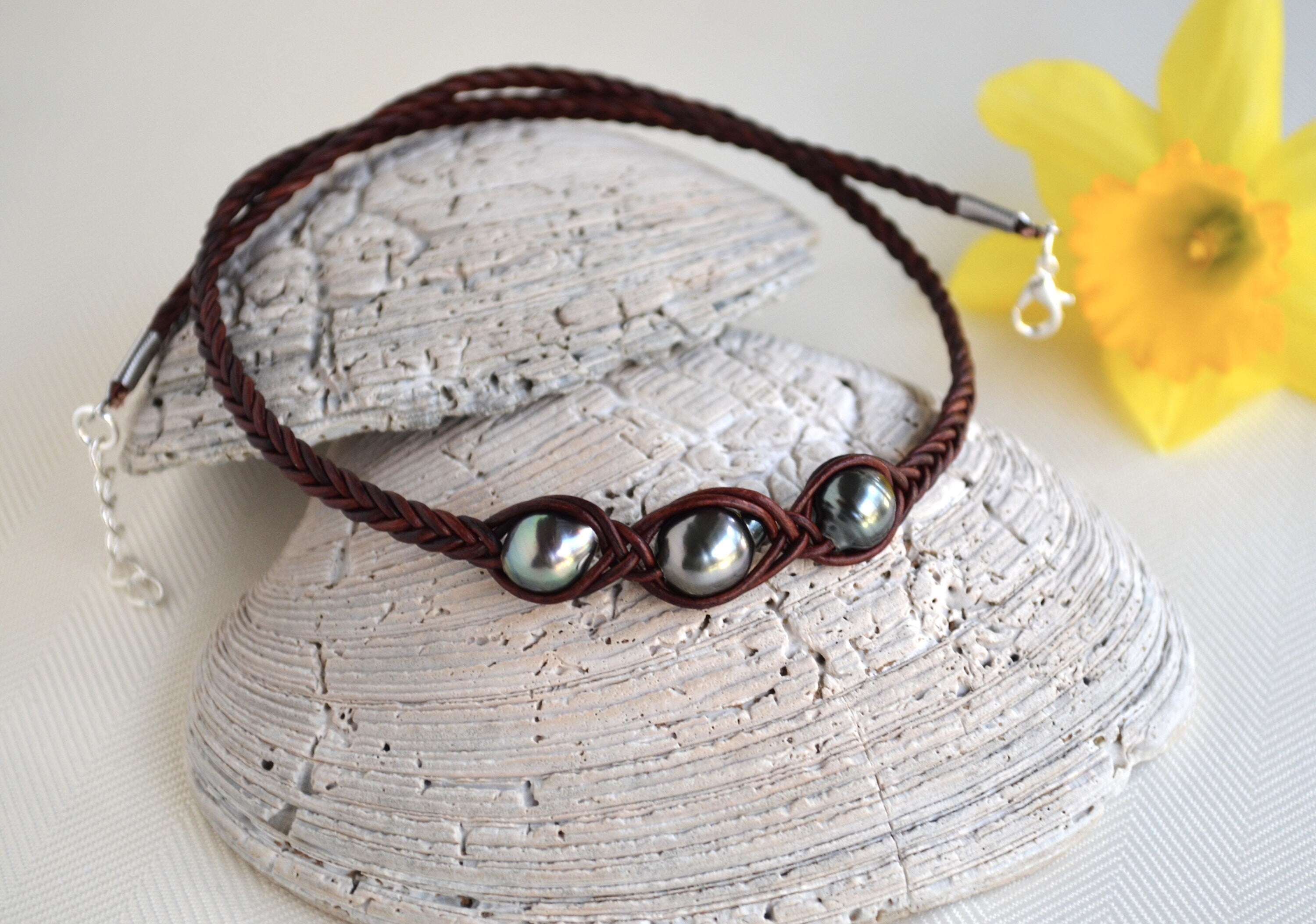 Three Tahitian Pearl Necklace: Braided Leather, Elegant Jewelry