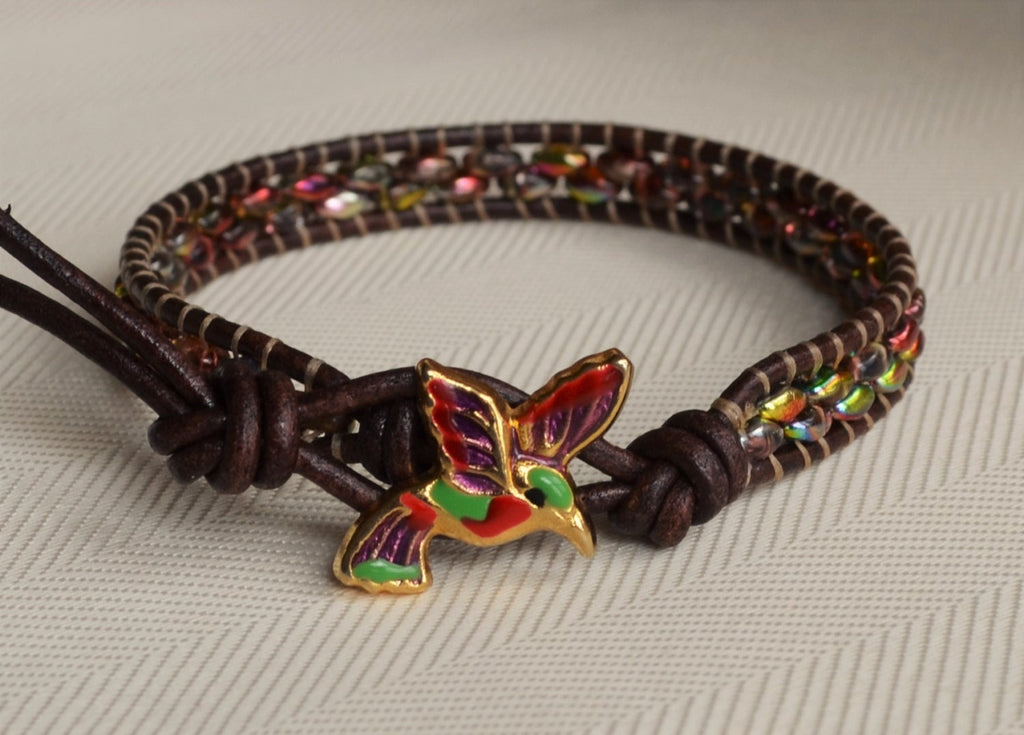 Hummingbird Leather Wrap Bracelet: Czech Glass Boho Cuff