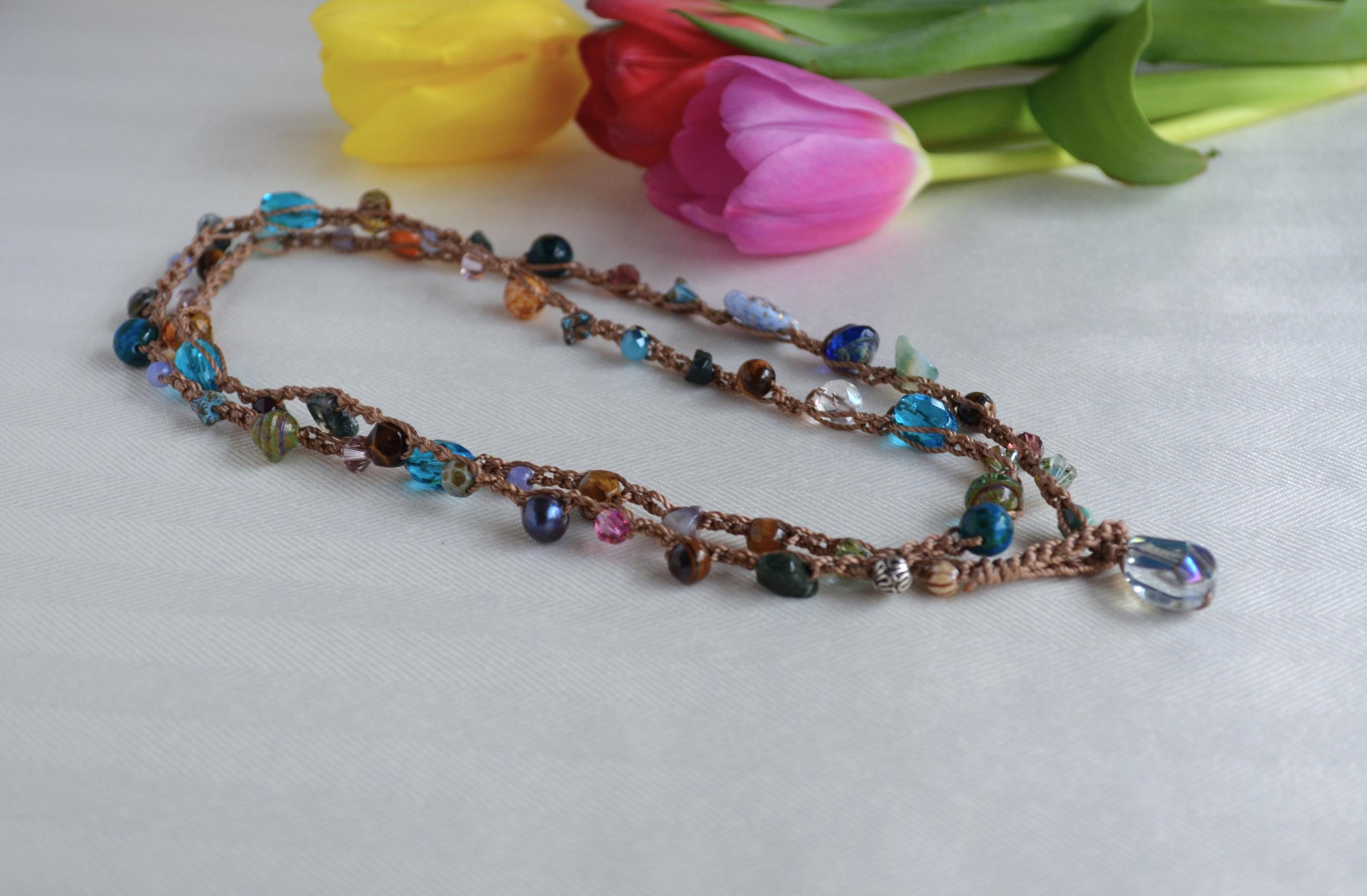 Crocheted Beaded Lariat Necklace - Multicolor Czech Beads, Artisan Boho Jewelry