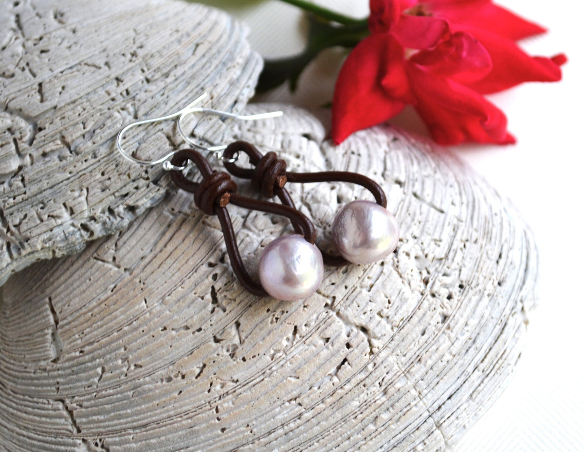 Edison Pink Pearl Earrings: Sterling Silver & Brown or Black Greek Leather Boho Dangle
