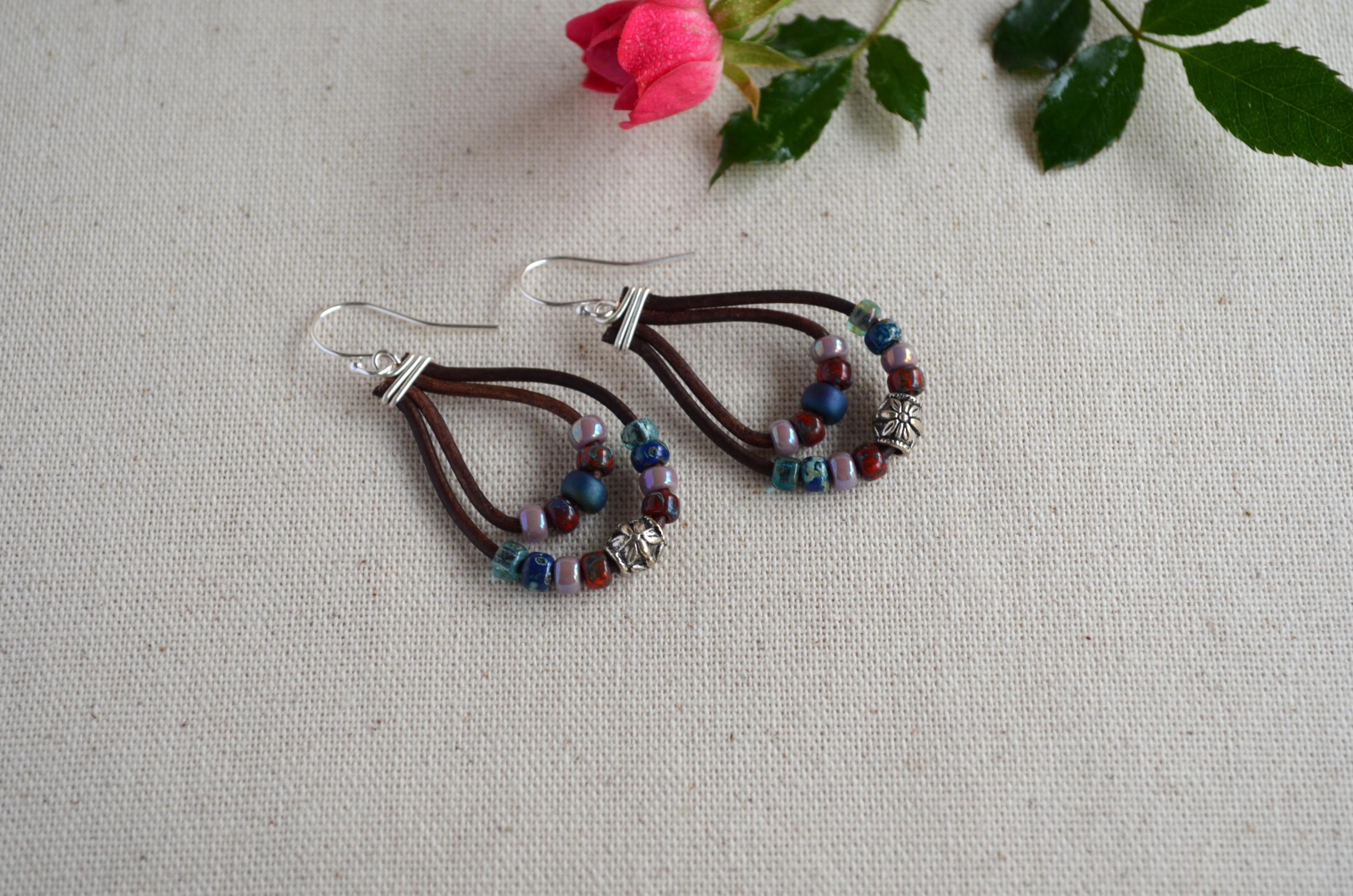 Multi-Color Picasso Bead Leather Dangle Earrings, Sterling Silver