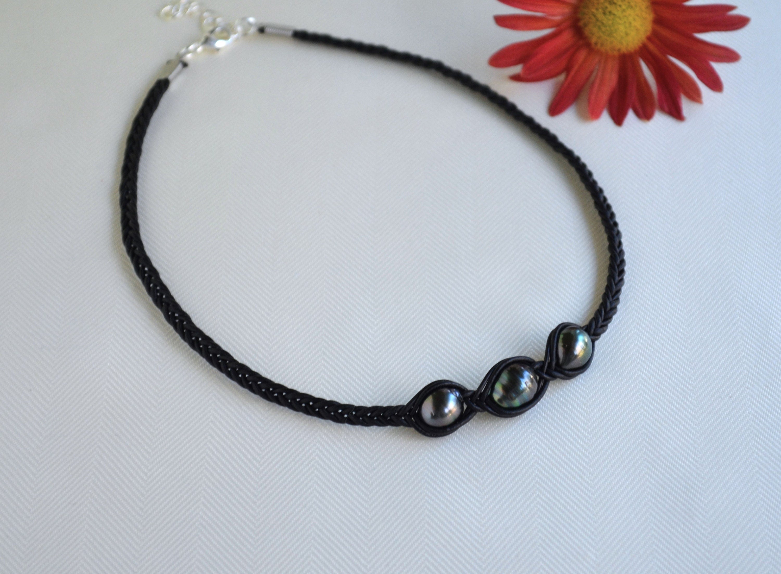 Tahitian Pearl Necklace: Three Stone Braided Black Leather Jewelry