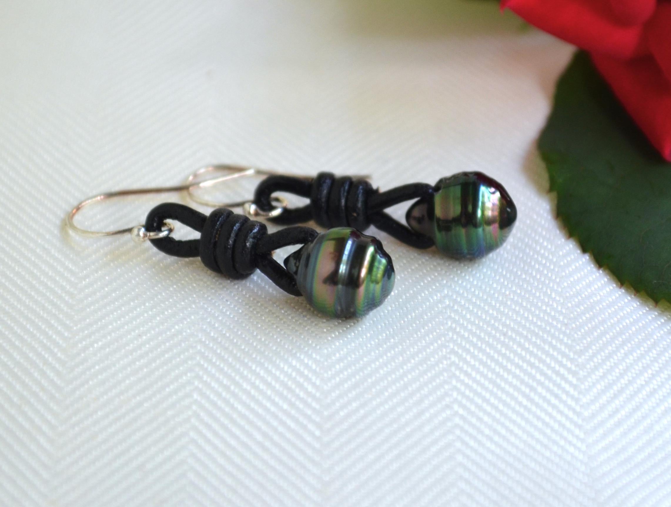 Tahitian Pearl Earrings, Sterling Silver, Black Leather Boho Jewelry
