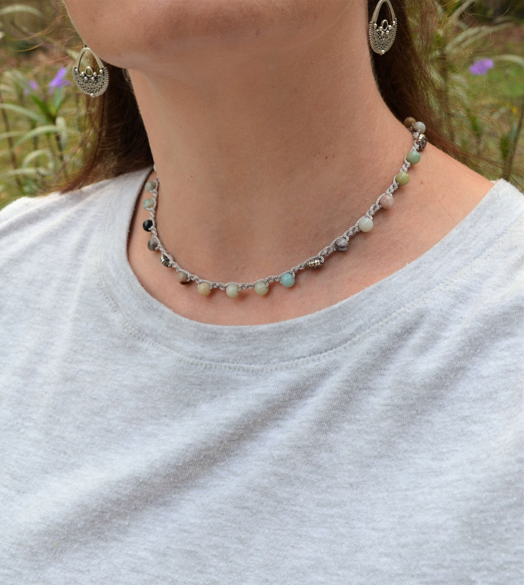 Amazonite Crochet Necklace: Beaded Boho Choker