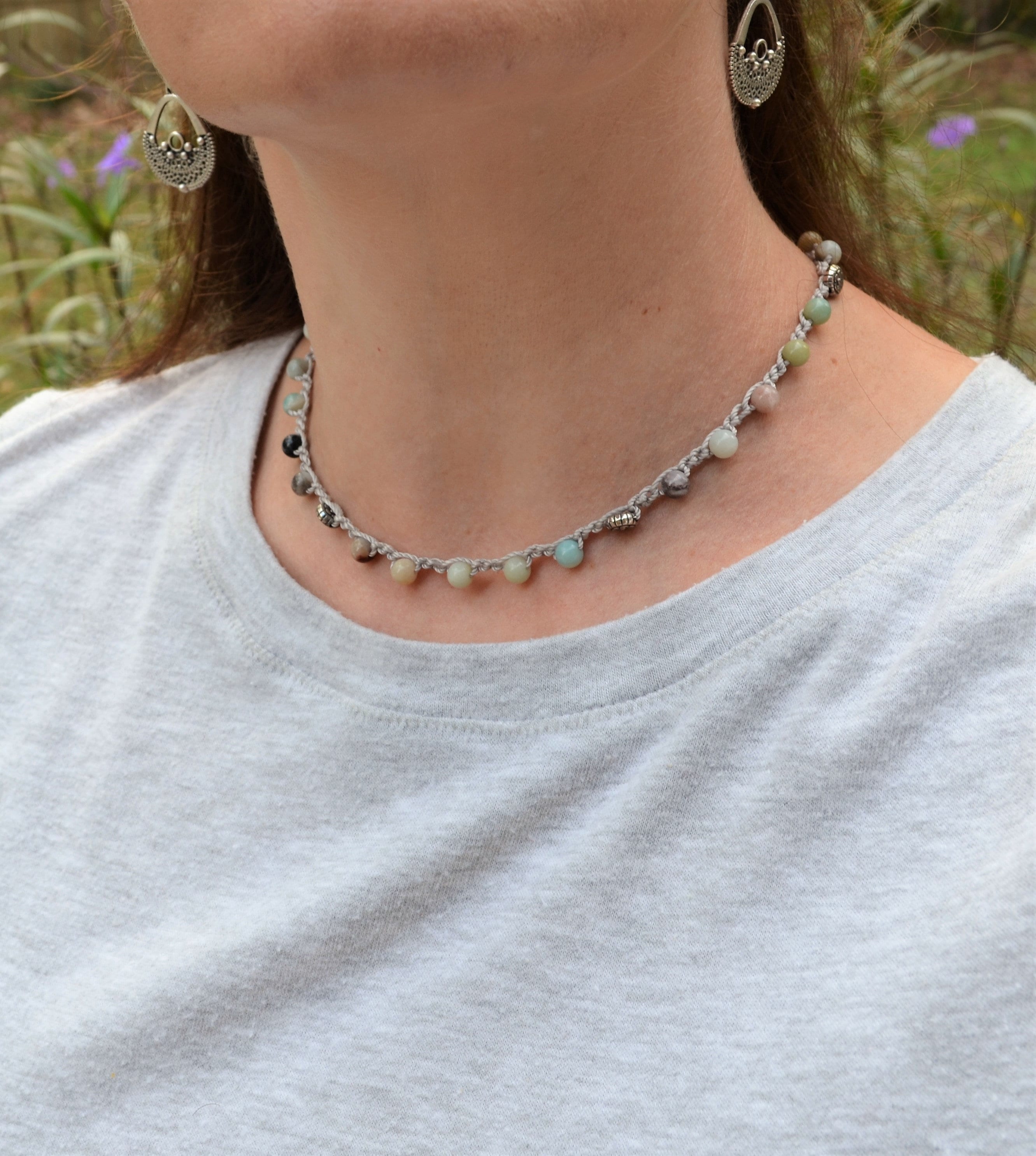 Amazonite Crochet Necklace: Beaded Boho Choker