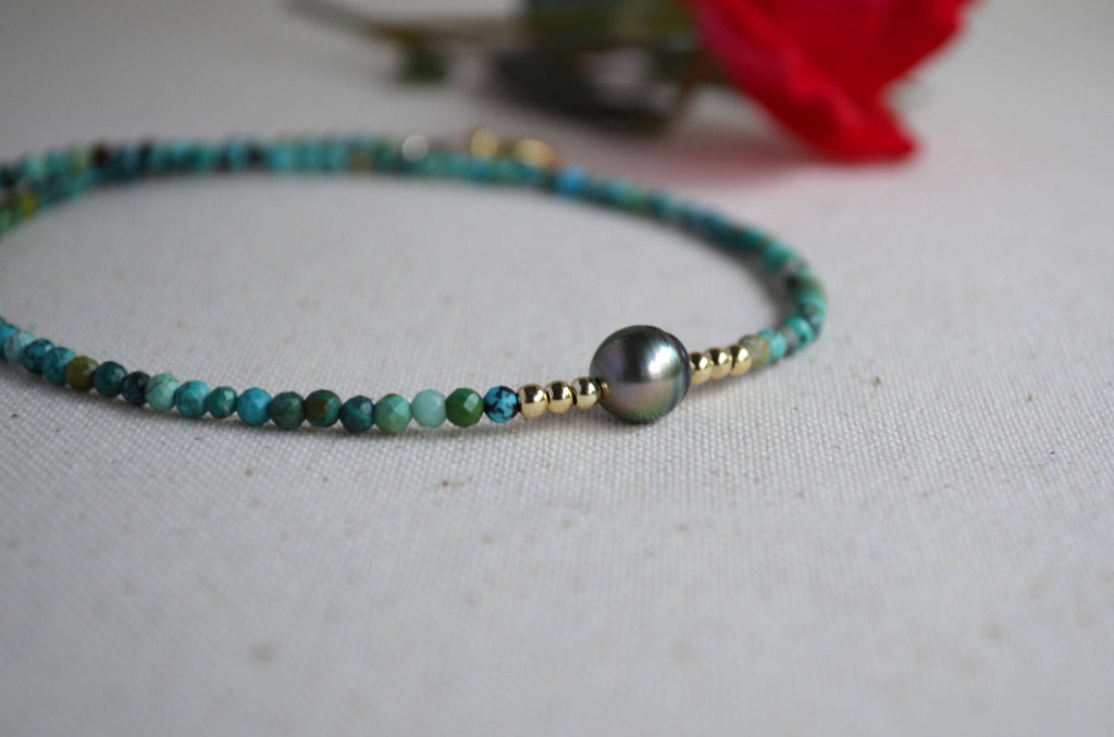 Tahitian Pearl Short Necklace, Turquoise Beaded Collar, Minimal Gold Filled Necklace, Everyday Elegant Jewelry
