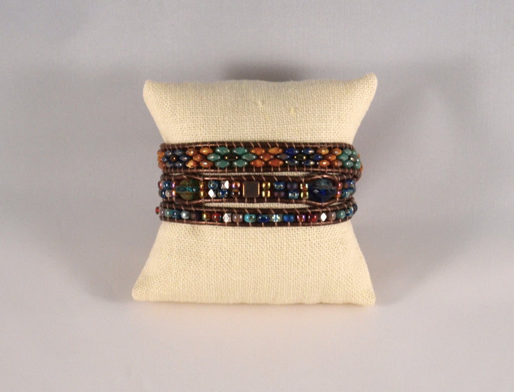 Boho Leather Wrap Bracelet, Tile & Czech Glass Beaded