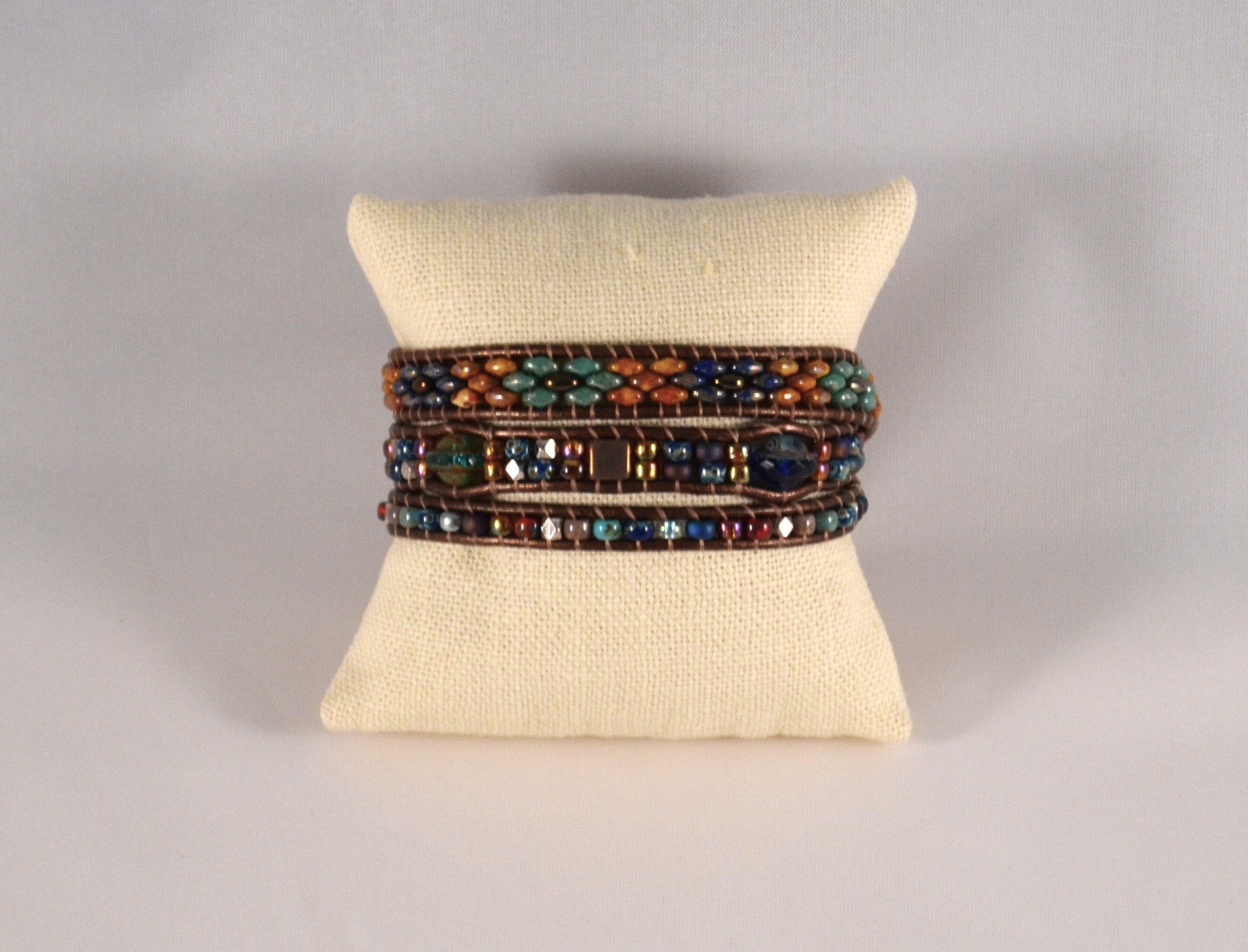 Boho Leather Wrap Bracelet, Tile & Czech Glass Beaded