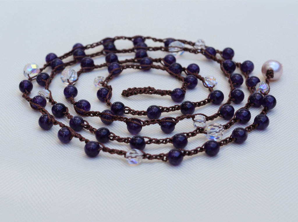 Long Amethyst Crochet Lariat Necklace: Layered Gemstone Jewelry