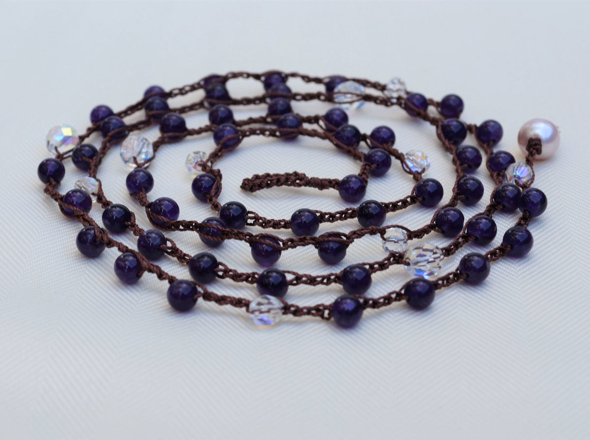 Long Amethyst Crochet Lariat Necklace: Layered Gemstone Jewelry