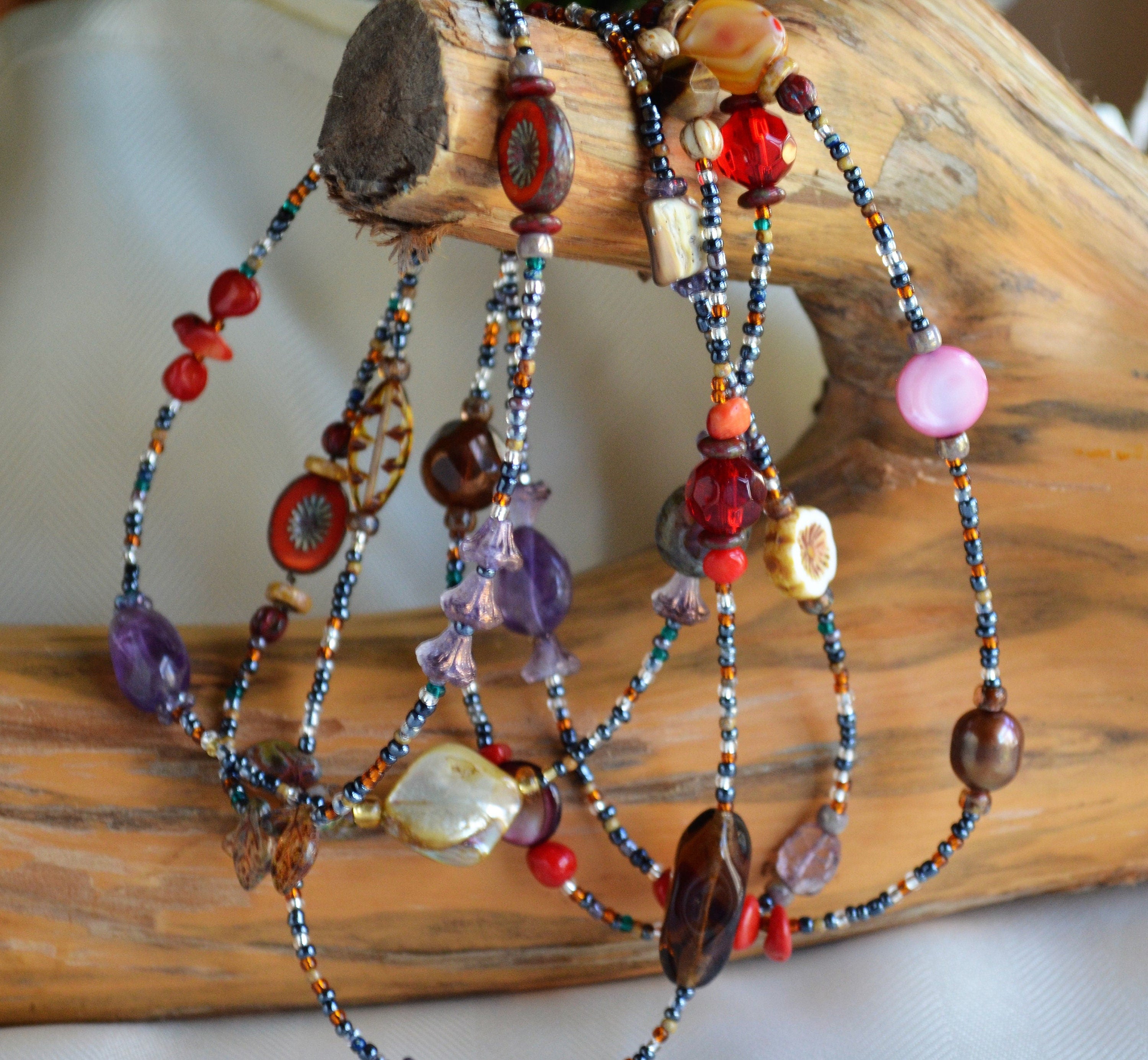 Boho Gemstone Lariat Necklace: Red Coral, Pearl & Abalone