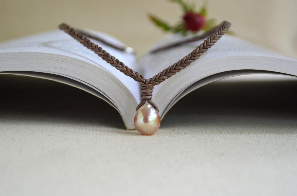 Edison Pearl Leather Necklace, Hand Braided 5-Cord Necklace, Pink Pearl Pendant 12x15 mm, Minimalist Luxury, 16” long + 2" Extender