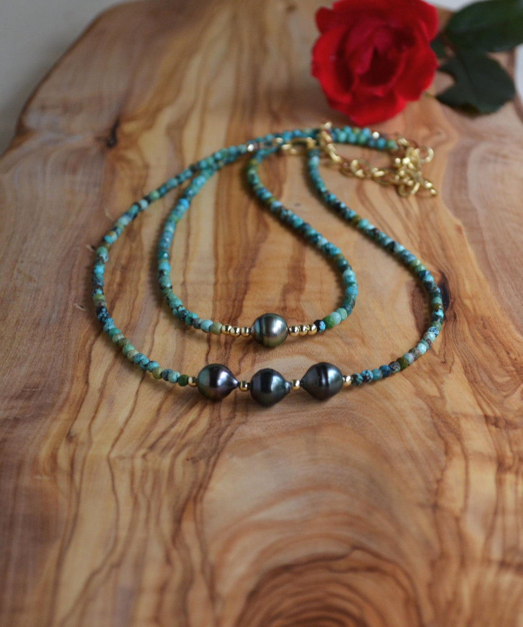 Three Tahitian Pearl Necklace, Turquoise Beaded Short Necklace, Minimal Gold Filled Necklace, Elegant Everyday Jewelry