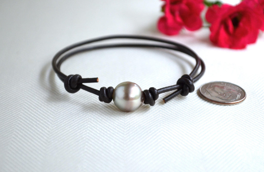 Tahitian Pearl Bracelet: Unisex Dark Brown Greek Leather, LARGE Pearl, Adjustable Jewelry