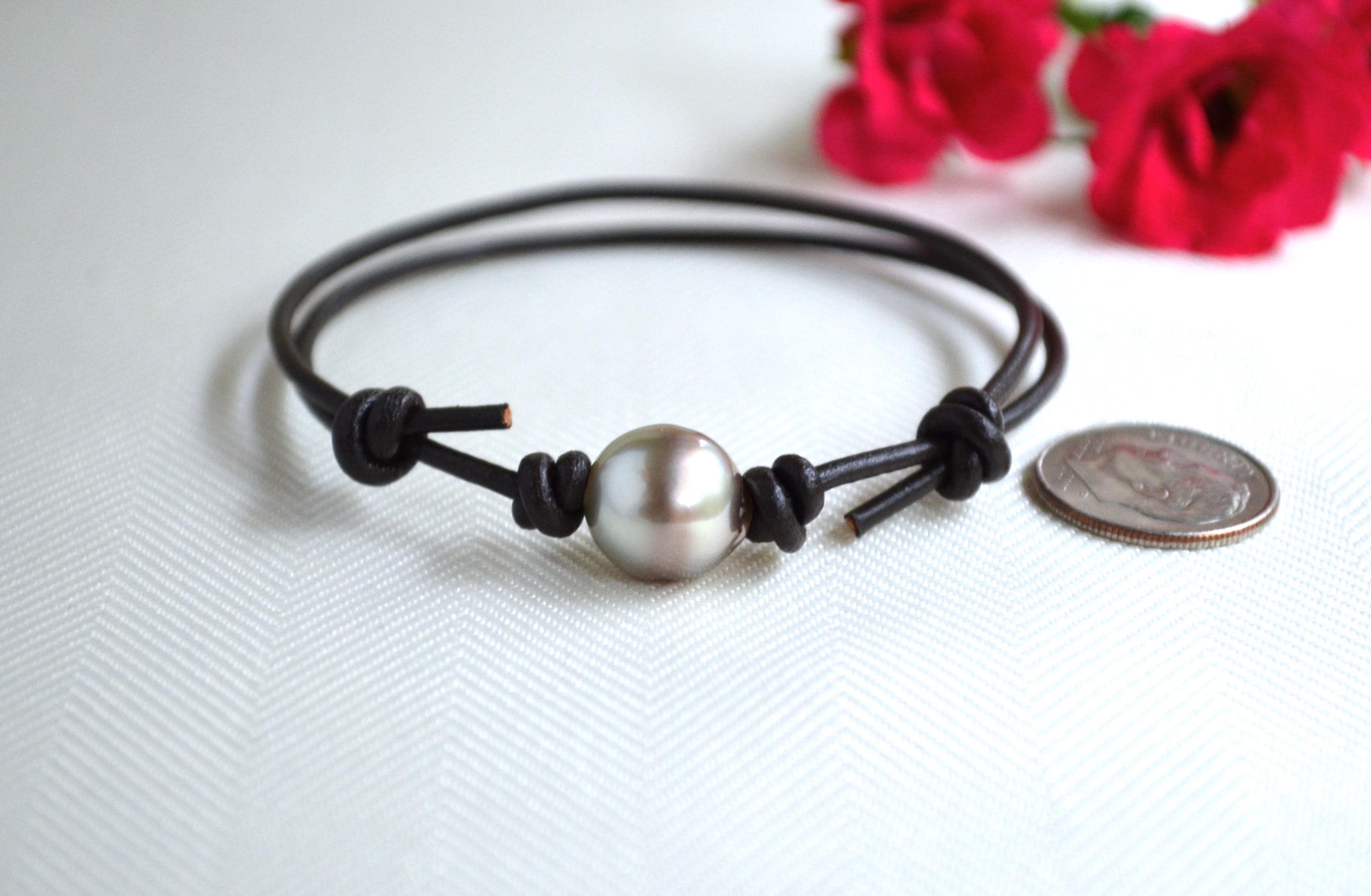 Tahitian Pearl Bracelet: Unisex Dark Brown Greek Leather, LARGE Pearl, Adjustable Jewelry