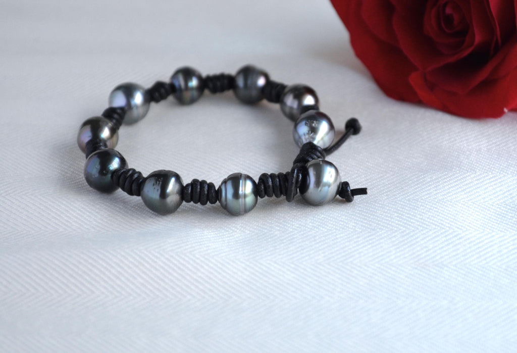 Tahitian Pearl Bracelet: Black Greek Leather, Boho Jewelry