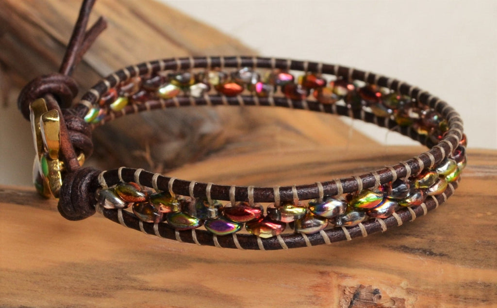 Hummingbird Leather Wrap Bracelet: Czech Glass Boho Cuff