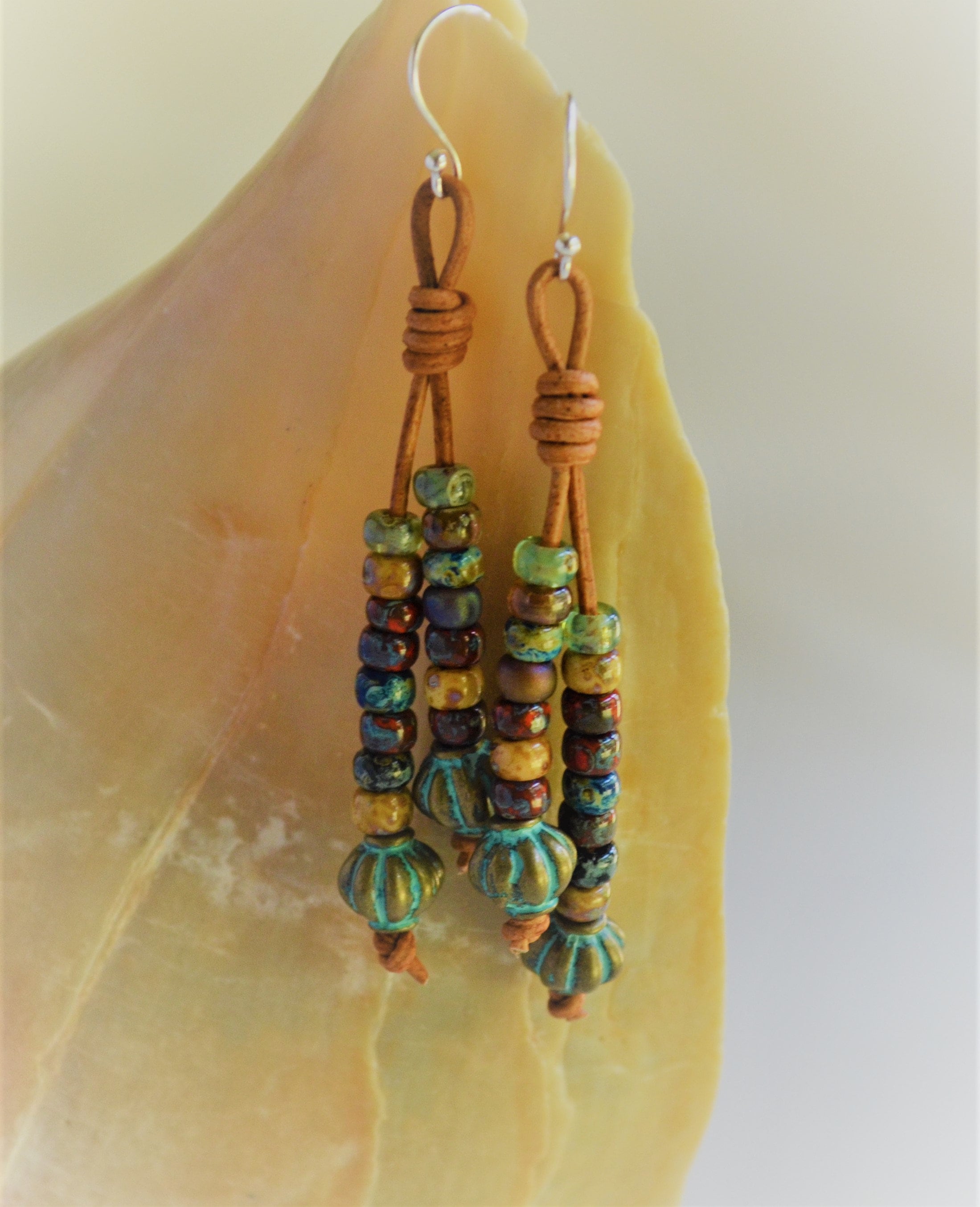 Patina Picasso Beaded Leather Earrings: Sterling Silver Boho Dangles