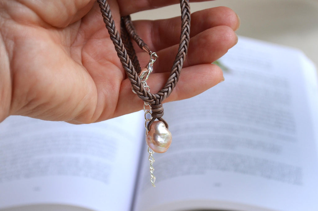 Baroque Edison Pearl Necklace on Braided Leather, Pink Pearl Pendant 12x15 mm, Organic Shape, Minimalist Statement, 16” + Extender
