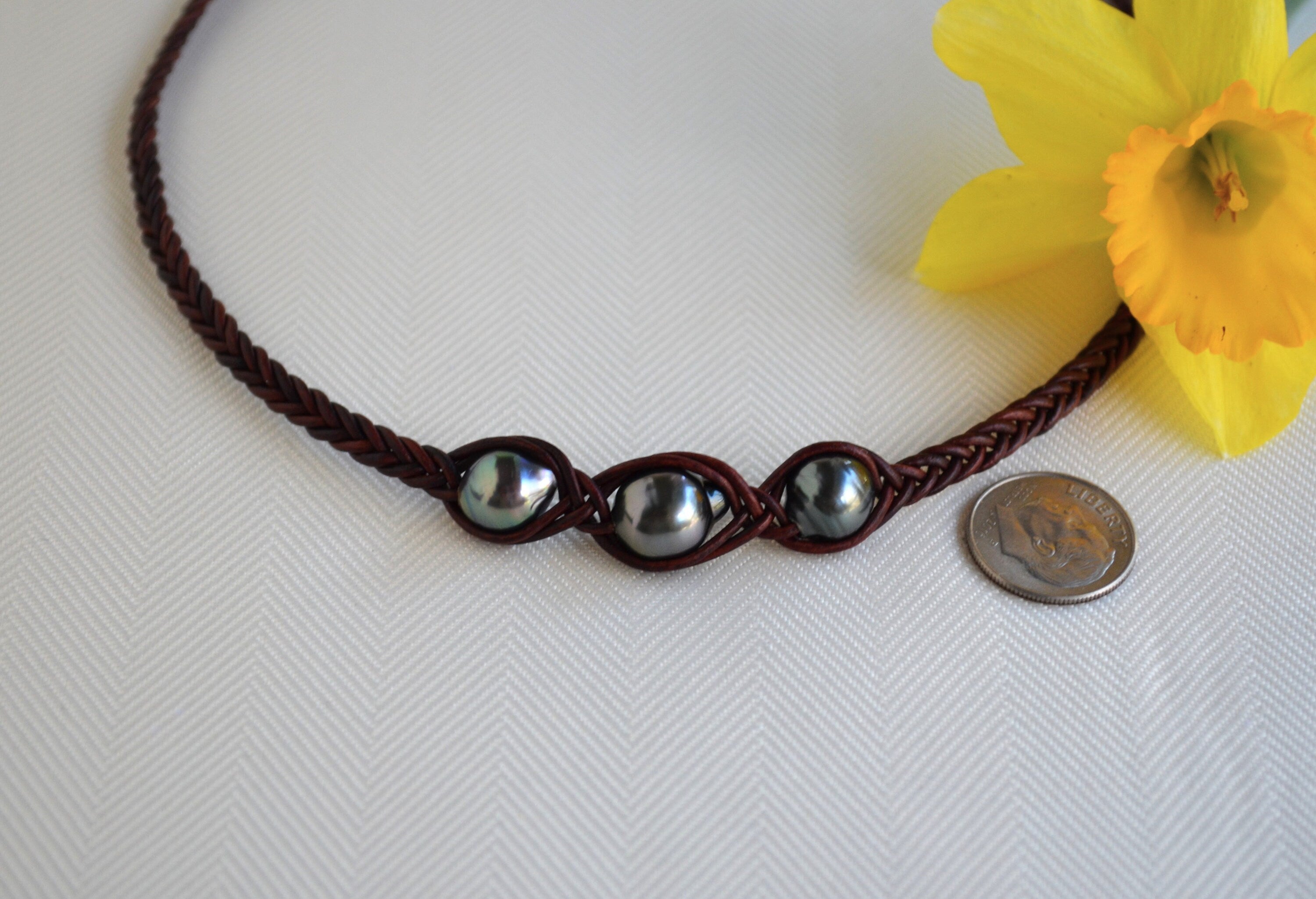 Three Tahitian Pearl Necklace: Braided Leather, Elegant Jewelry