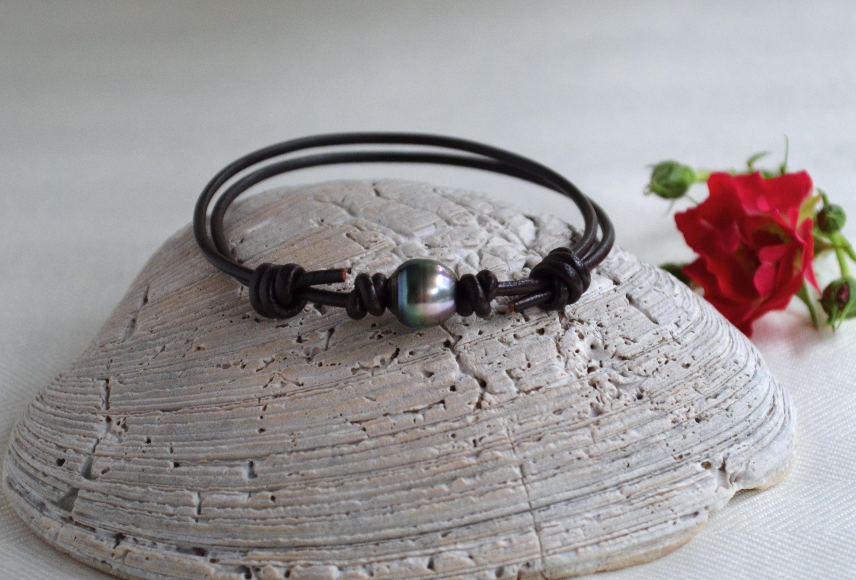 Tahitian Pearl Bracelet: Brown Greek Leather, Adjustable Unisex Jewelry