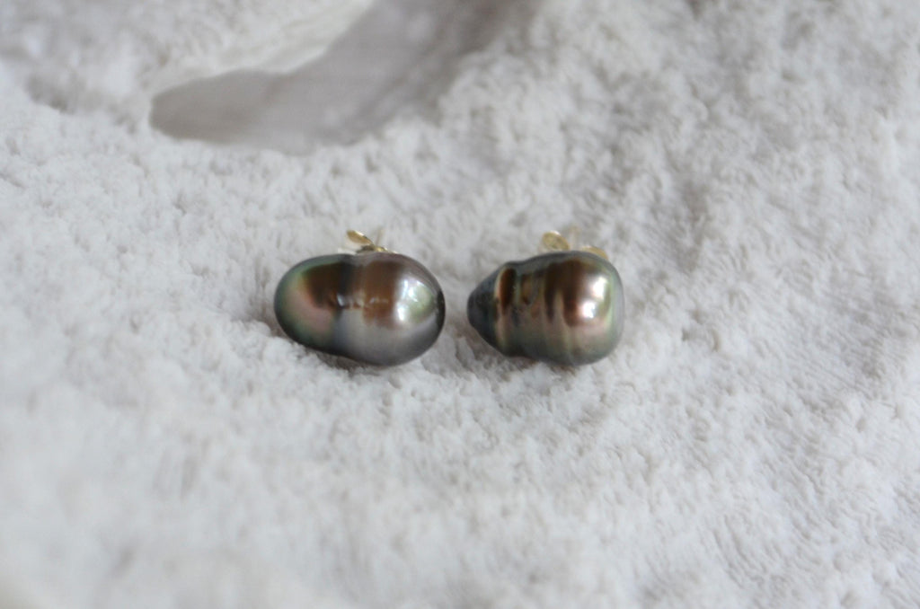Tahitian Pearl Stud Earrings: Baroque Sterling Silver Jewelry