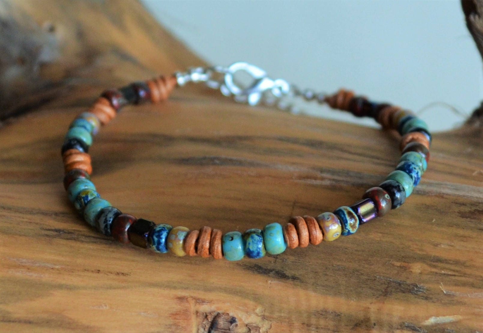 Picasso Czech Bead Leather Bracelet: Knotted Boho Jewelry