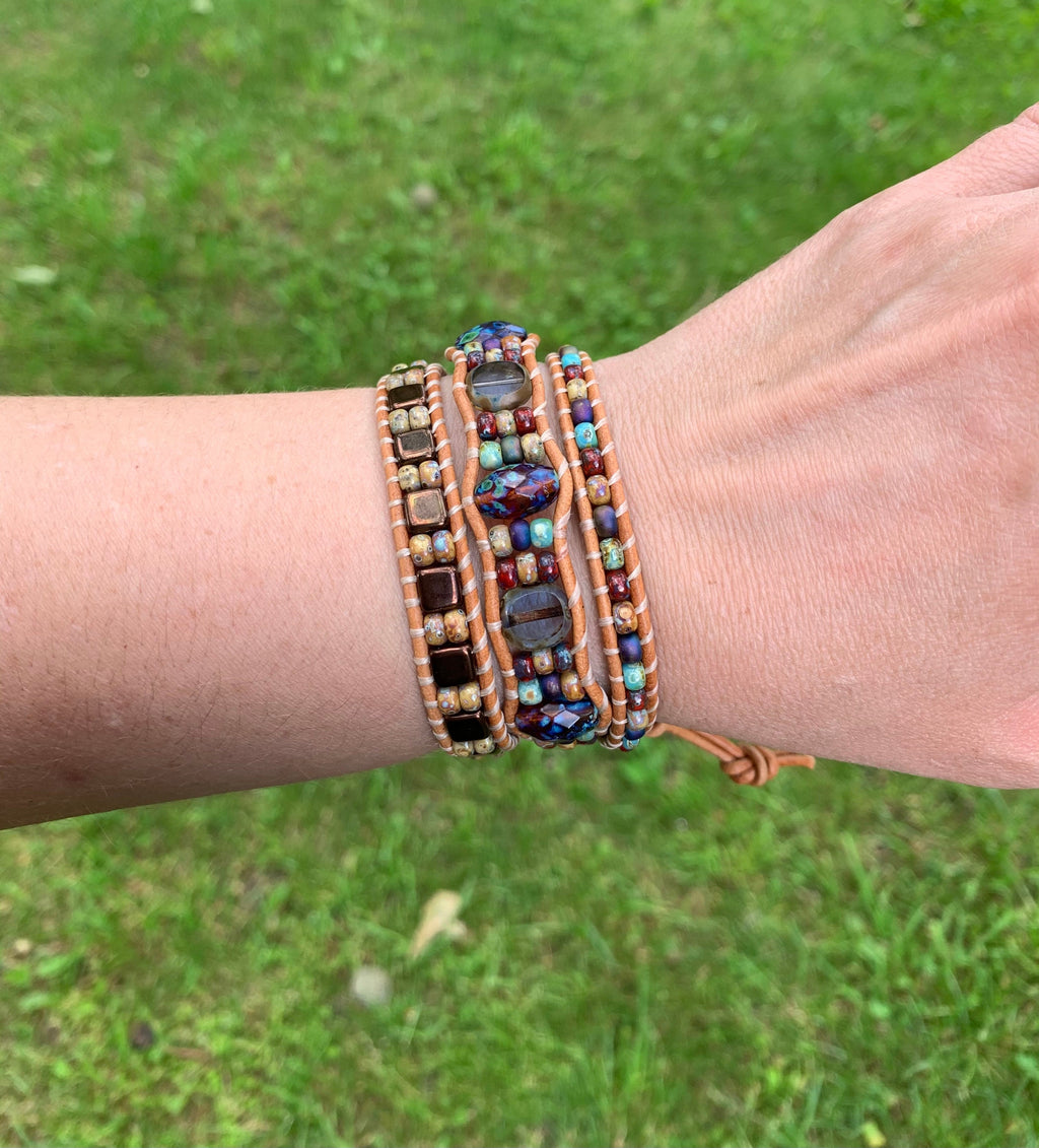 Dragonfly Beaded Leather Wrap Bracelet, Czech Glass Three Wrap