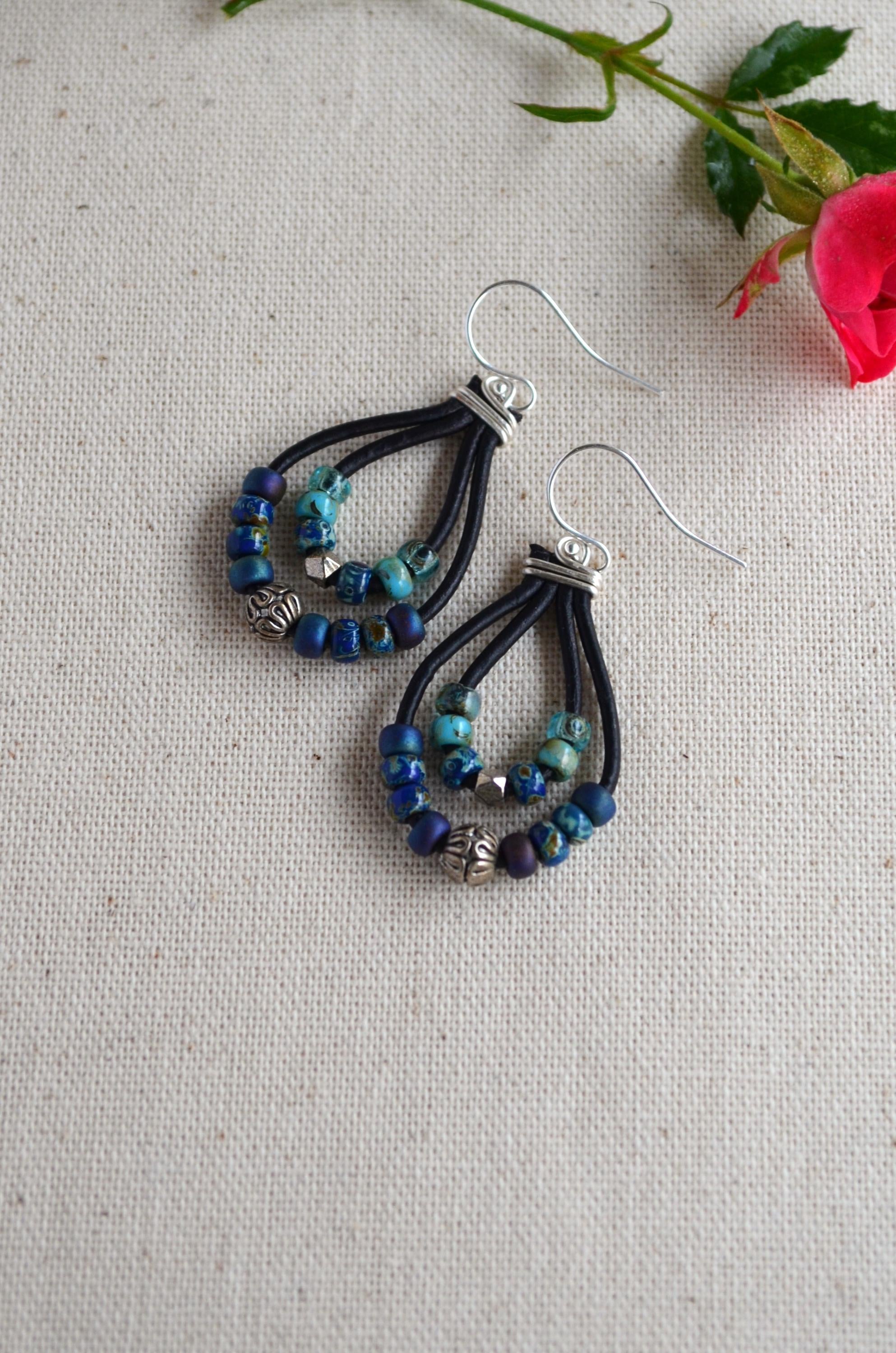 Blue Green Picasso Czech Bead Earrings, Sterling Silver, Leather Cord