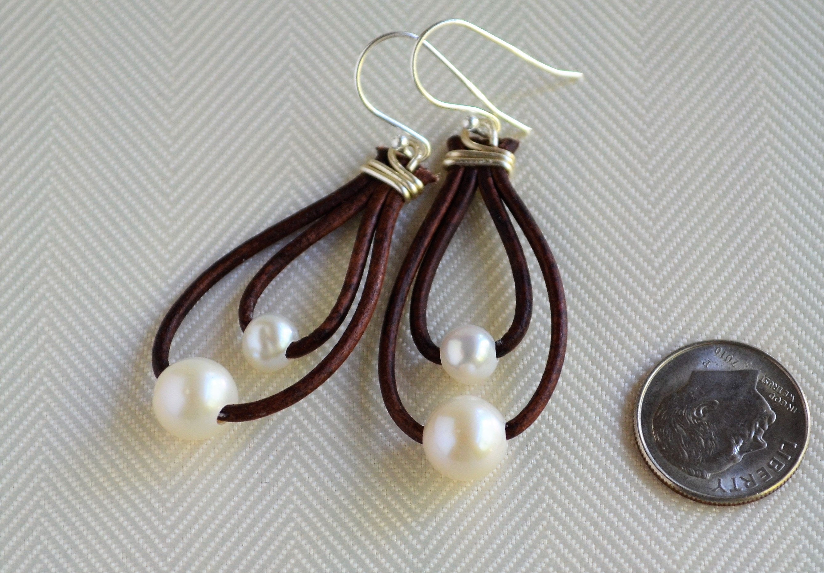 Freshwater Pearl Leather Earrings: Sterling Silver Hooks