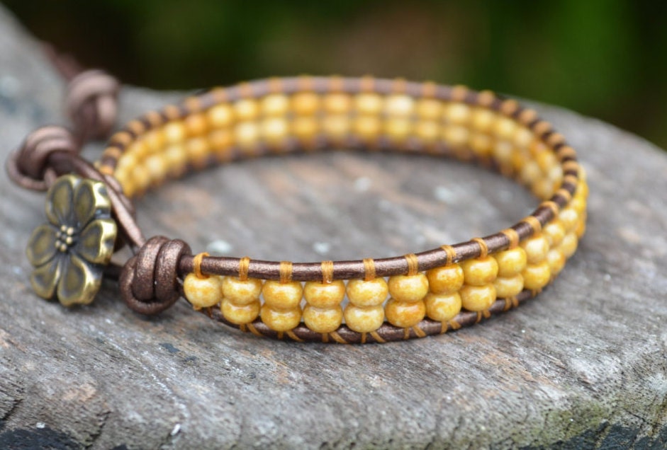 Handmade Leather Cuff Bracelet with Speckled Seed Beads, Gift for Her