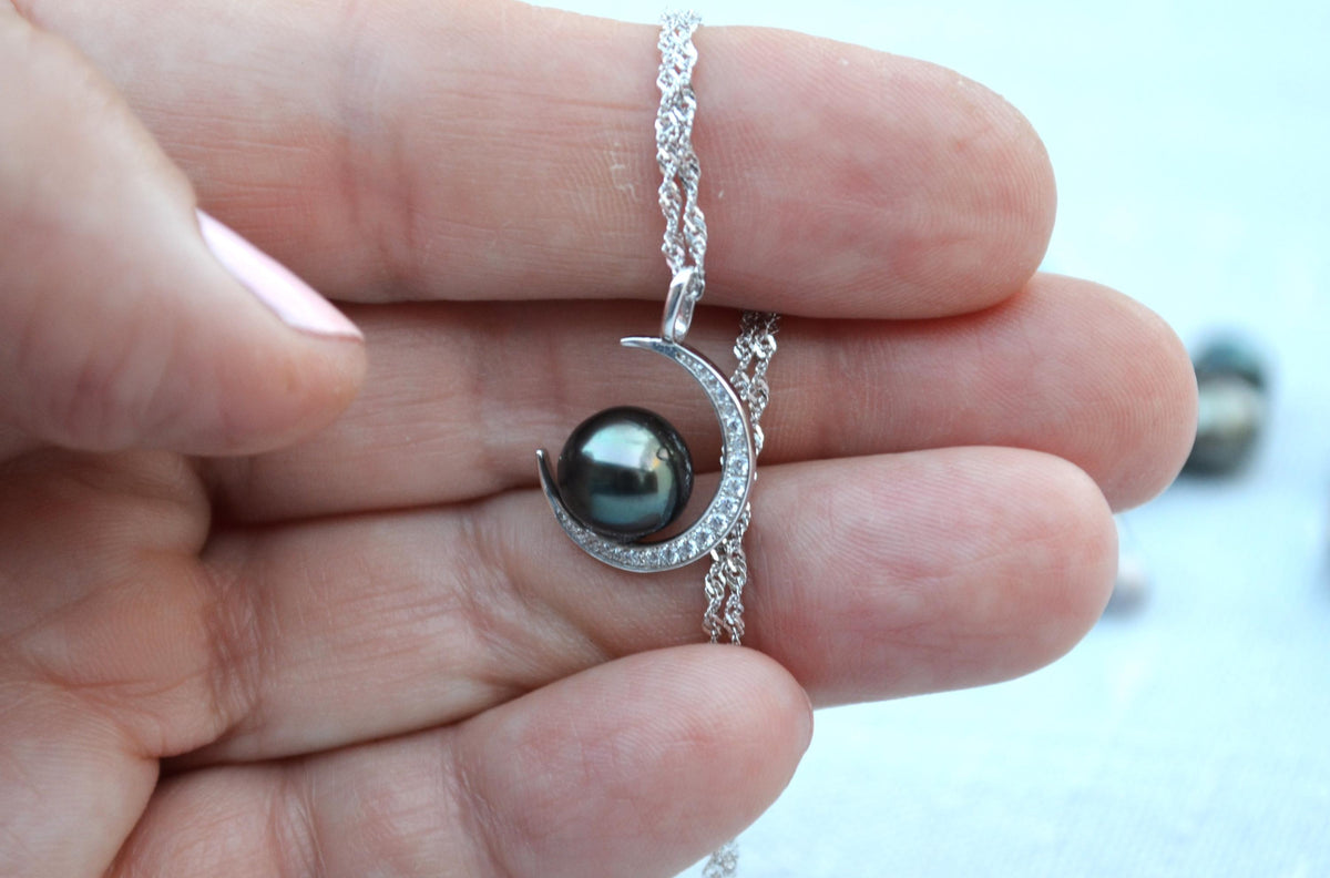 Tahitian Pearl Necklace: Sterling Silver Crescent Moon Pendant, CZ Accents
